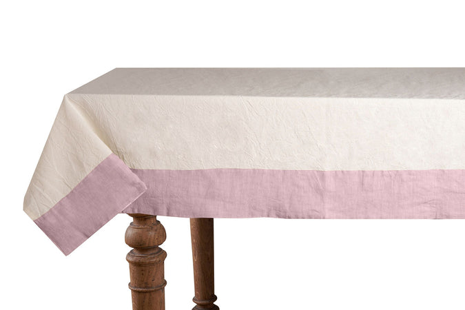 Tovaglia in misto lino con elegante bordo applicato made in italy NATURALE/ROSA PERLA