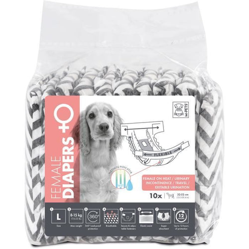 Pannolini per cani - M PETS - PANNOLINI Femmina L x10 - Circonferenza vita 32-52 cm - 8-15 kg - Indicatore umidità - Protezione 12h