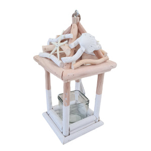 Lanterna decorativa in legno "Beach" con portacandela decorato h 30 cm