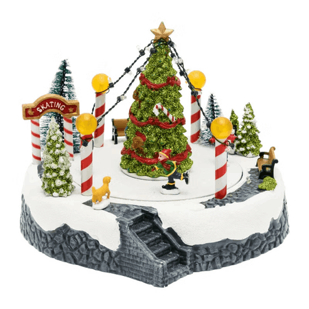 Villaggio di Natale, Paesaggio innevato con pattinatori rotanti in movimento, led multicolor