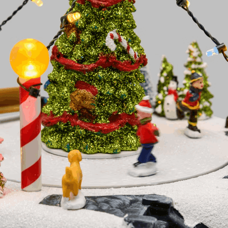 Villaggio di Natale, Paesaggio innevato con pattinatori rotanti in movimento, led multicolor
