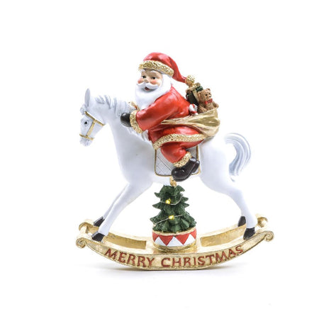 Babbo su cavallo a dondolo in poliresina con luci a batteria in scatola regalo