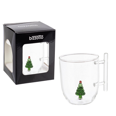 Tazza in vetro natalizia con pino, babbo natale, orsetto, pupazzo con confezione regalo