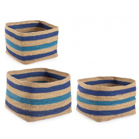 Set 3 Cesta Ylenia quadrata alta naturale e blu da esterno