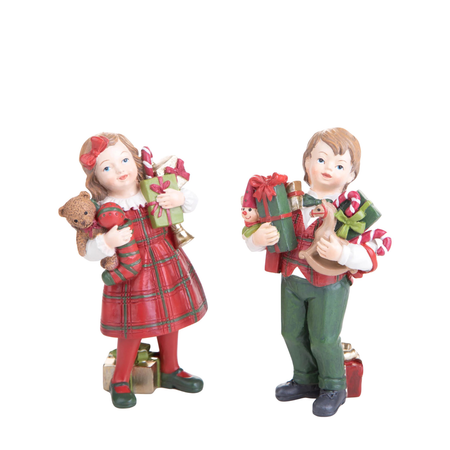 Set.2 statuette bimbi con pacchi regali in resina per decorazioni natalizie