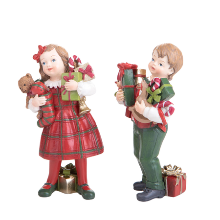 Set.2 statuette bimbi con pacchi regali in resina per decorazioni natalizie