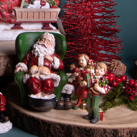 Set.2 statuette bimbi con pacchi regali in resina per decorazioni natalizie