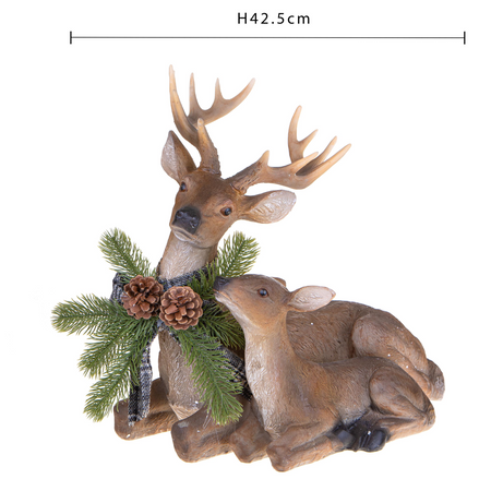 Renna seduta con cucciolo statuetta in Resina, decorazione natalizia