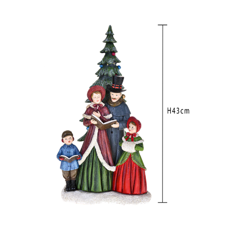 Statuetta albero verde con cantori e led, in resina per decorazioni natalizie