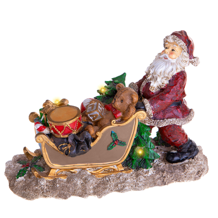 Statuetta babbo natale con slitta e led in resina per decorazioni natalizie