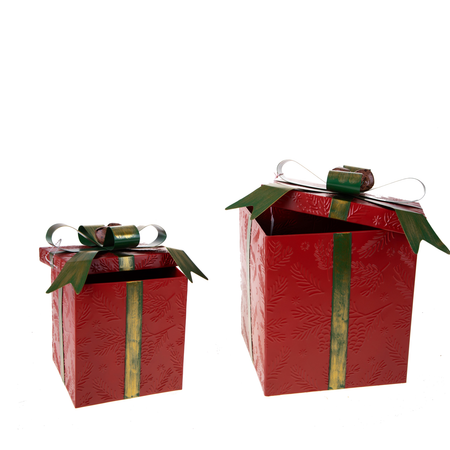 Pacco regalo rosso con fiocco verde H.22 cm per decorazioni natalizie,Set.2