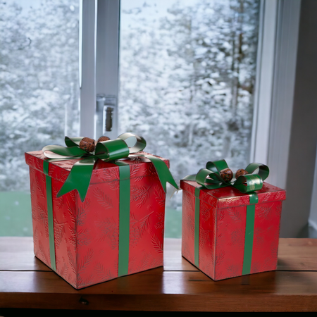 Pacco regalo rosso con fiocco verde H.22 cm per decorazioni natalizie,Set.2