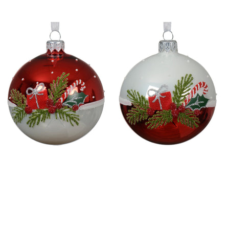 Palline per albero di Natale in vetro decorate rosso e bianco con vischio, 6 pezzi
