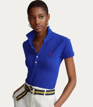 Ralph Lauren Polo Donna Mezze Maniche Slim- Fit Polo Scollo A V Piquet Pony Ricamato Maniche Corte Colletto Cinque Bottoni