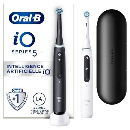 Oral-B iO 5 Confezione da 2, spazzolini elettrici bianchi e neri, 2 testine