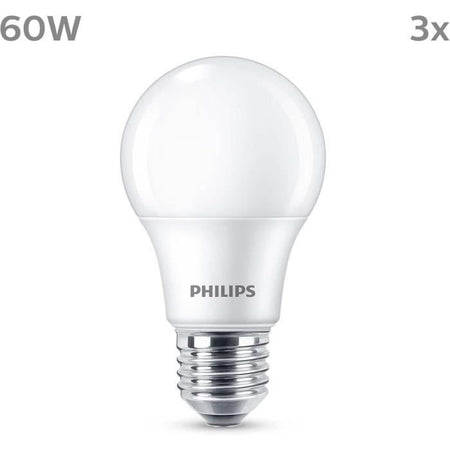 Lampadina LED - PHILIPS - 60 W - E27 - Bianco caldo - Satinato - Non dimmerabile - 3 pezzi