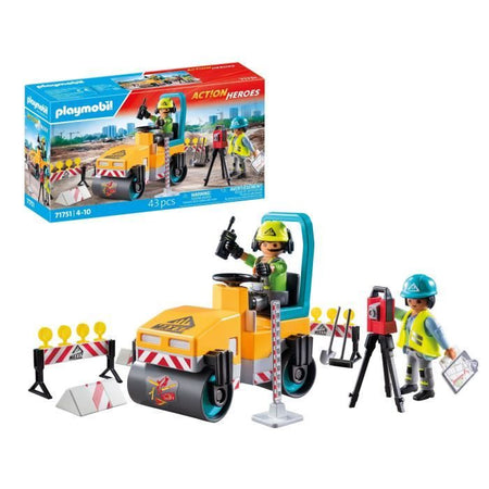 PLAYMOBIL 71751 Operai edili con rullo compressore e segnaletica, Eroi d'azione, Costruzione, 43 pezzi, dai 4 anni in su