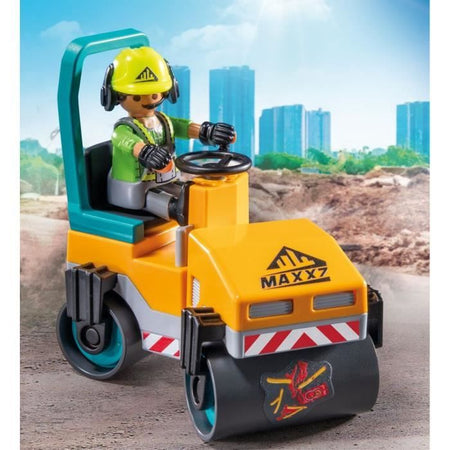 PLAYMOBIL 71751 Operai edili con rullo compressore e segnaletica, Eroi d'azione, Costruzione, 43 pezzi, dai 4 anni in su