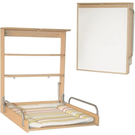 Fasciatoio pieghevole da parete - ROBA - DSCHUNGELBABY - Materasso a righe multicolore incluso - 2 ripiani integrati - Legno naturale