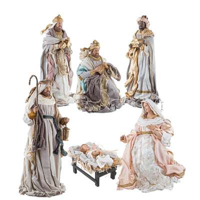 Natività completa in tessuto statue per presepe natalizio con accessori in metallo h 86 cm