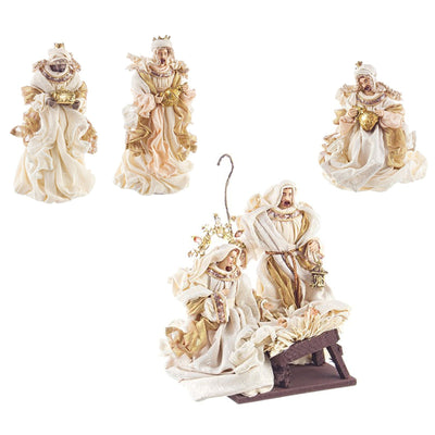 Natività completa con 6 soggetti statue per presepe vestiti in tessuto Panna e Oro h 28 cm