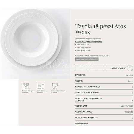Servizio tavola 18pz ATOS WEISS in porcellana By Weissestal