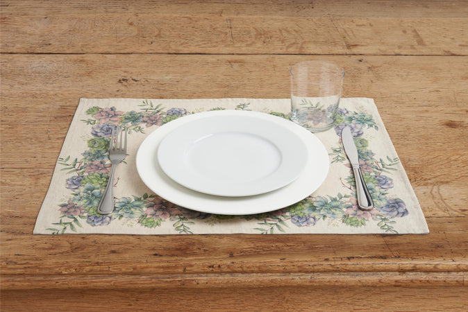 Set di 2 tovagliette americane colazione coppia tovagliette 35 X 50 CM in misto lino stampa floreale fiori  morbide resistenti eleganti made in italy SUCCULENTE - Vanita di raso