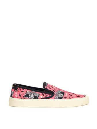 Saint Laurent Slip on in Canvas Rosa con Stampa Radio da donna