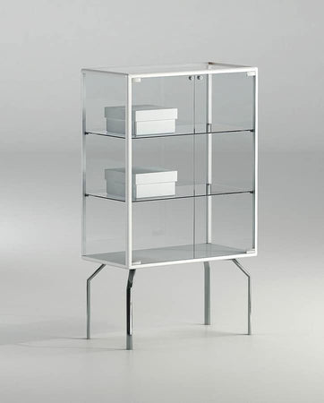 Piccola teca per negozio con base a quattro gambe in metallo cm. 71x37x120h