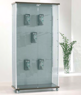 Vetrina per esposizione negozi con ruote e aggancio interno per blister cm. 93x39x183h