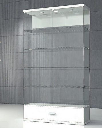 Vetrina espositiva per negozi con cassetto estraibile di colore bianco lucido cm. 120x40x210h