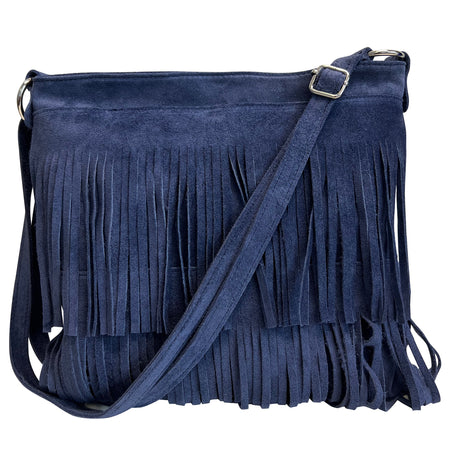 Modarno Borsa a tracolla con frange in camoscio - borsa tracolla donna in pelle scamosciata