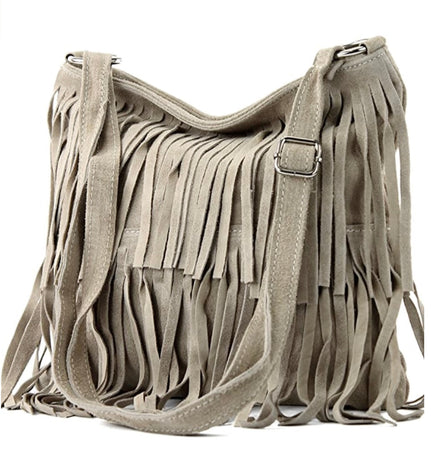 Modarno Borsa a tracolla con frange in camoscio - borsa tracolla donna in pelle scamosciata