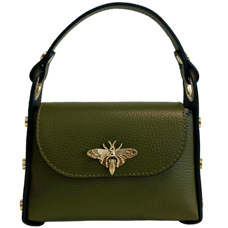 Modarno mini borsa in Vera pelle dollaro con chiusura a moschettone a forma di ape, borchie laterali, catena metallica rimovibile, manico in pelle