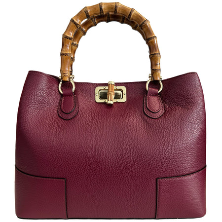 Modarno Borsa Donna in Vera Pelle con manico in vero bambù / Elegante e Minimal / Borsa di lusso Made in Italy