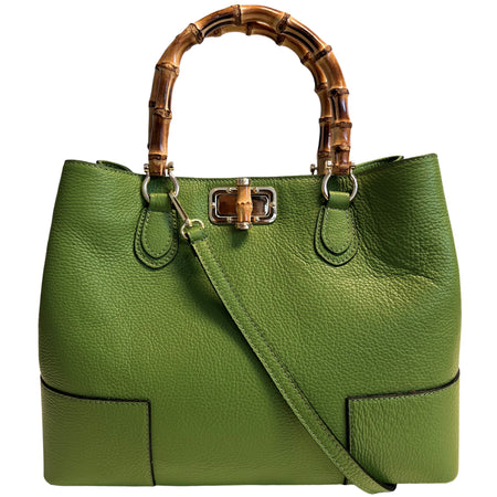 Modarno Borsa Donna in Vera Pelle con manico in vero bambù/Elegante e Minimal/Borsa di lusso Made in Italy