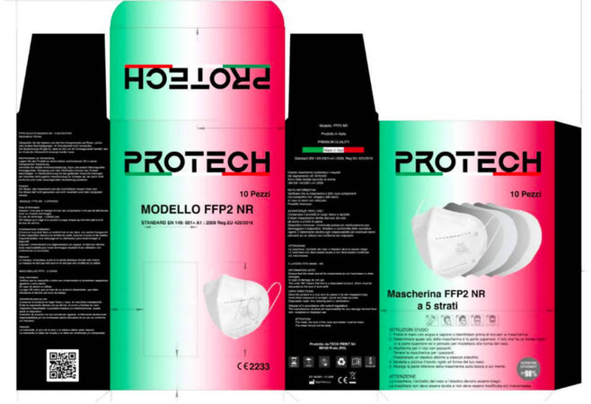 10x Mascherina FFP2 CE2133 Protech SRL Mascherina filtrante 5 strati FFP2 | BFE ≥98% | Prodotta in Italia