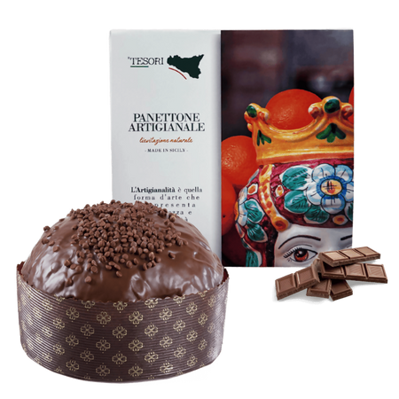 Tesori di sicilia panettone artigianale al cioccolato 1kg, scatola siciliana "a donna elisabetta" panettone a lievitazione naturale, idea regalo natale
