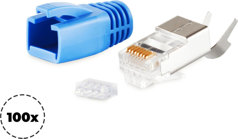 S/CONN maximum connectivity Netzwerk Modular Stecker RJ45 SET fr Verlegekabel bis AWG 23, Stecker mit Zugentlastung, Einfhrhilfe und Tlle, blau VE 100 (72067-100B)