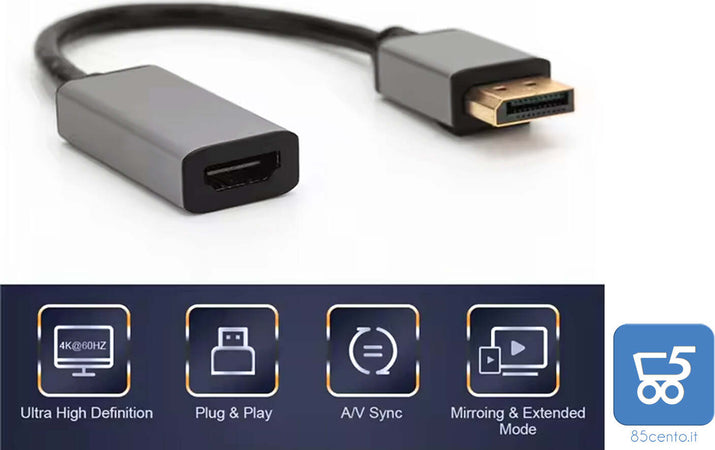 Adattatore da DisplayPort Maschio a HDMI Femmina 4k 60Hz HDR per PC HDTV Monitor High Quality in metallo