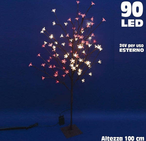 Albero-Di-Natale-Luminoso-Ciliegio-Per-Esterno-90-Led-100cm-Bianco-Caldo-E-Rosso