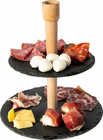 Alzatina-Stand-Porta-Dolci-Rustici-2-Piani-In-Ardesia-20/25cm-Legno-Finger-Food