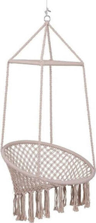 Amaca-Sedia-Sospesa-Ad-Altalena-Dondolo-In-Legno-Corda-Intrecciata-Cotone-Beige