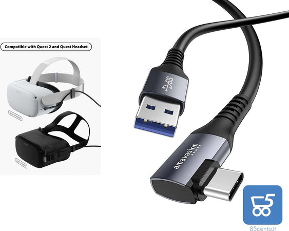 Amavasion - Cavo per cuffie per realtà virtuale da USB-A a USB-C Oculus Link per Oculus Quest 2 e Quest a PC da gioco compatibile – 5 m