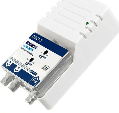 Amplificatore-Antenna-TV-di-linea-da-interno-24dB-UHF-VHF-con-filtro-5G-LTE-1-Ingresso-/-2-Uscite-EDISION-LIA-200