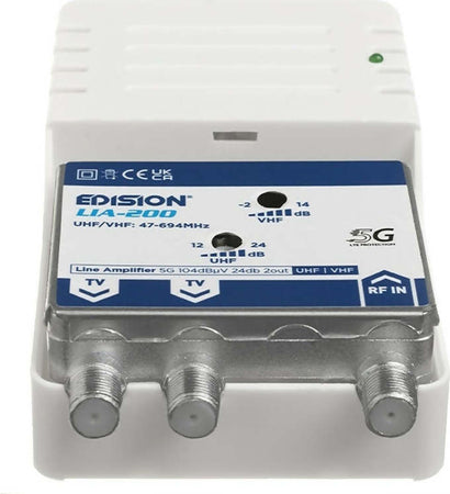 Amplificatore-Antenna-TV-di-linea-da-interno-24dB-UHF-VHF-con-filtro-5G-LTE-1-Ingresso-/-2-Uscite-EDISION-LIA-200