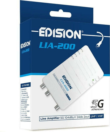 Amplificatore-Antenna-TV-di-linea-da-interno-24dB-UHF-VHF-con-filtro-5G-LTE-1-Ingresso-/-2-Uscite-EDISION-LIA-200