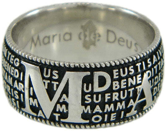 Anello Donna Con Preghiera Ave Maria in Sardo Maria De Deus Anello a Fascia 9 Mm Argento Rodiato Con Sfondo Brunito