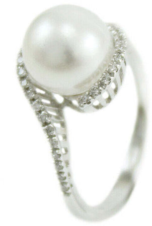 Anello donna oro bianco perla Australiana bianca 10 mm con diamanti Coscia
