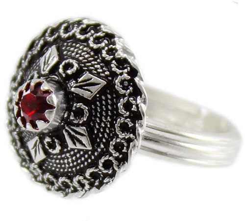 Anello sardo da donna a bottone con pietra rossa in argento brunito